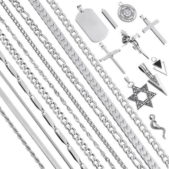 20 Pcs Stainless Steel Necklaces for Men Cross Hexagram Chain Pendant Nail Rose